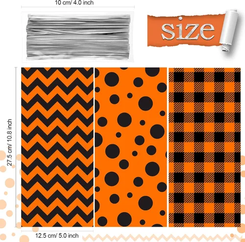 Vista 2 de Tenare 120 bolsas de dulces de celofán de otoño de Halloween a granel Bolsas de celofán para dulces de truco o trato, estampado de cheurón a cuadros