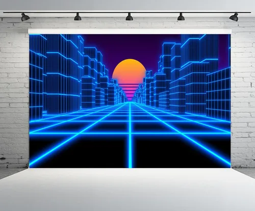 Vista 2 de Telón de fondo de paisaje cibernético de 5 x 3 pies, ciudad azul, retro, futurista de los años 80, neón Cyberpunk, fondo de cuadrícula láser, fondo