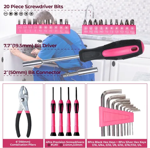 Vista 5 de Kit de herramientas básicas de 39 piezas para mujeres, juego de herramientas rosadas multiusos para el hogar con herramientas manuales y caja