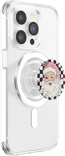 Vista 3 de PopSockets MagSafe PopGrip para iPhone con diseño de nieve floral rosa a cuadros de Papá Noel retro de Navidad