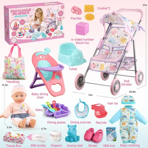 Vista 3 de YIYBM Juego de Cochecito de Muñeca Bebé con Muñeca Bebé de 12.5", Silla de Comedor, 2 Juegos de Ropa y 20 PCS Accesorios para Muñecas. Juguete
