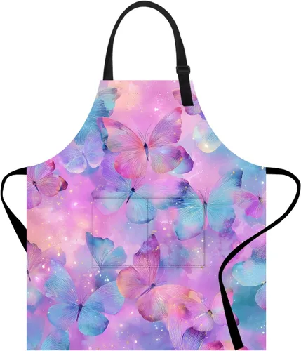 Vista 30 de Delantal divertido con bolsillo para mujeres y hombres, delantal de cocina ajustable para barbacoa y horneado con lindos animales y flores