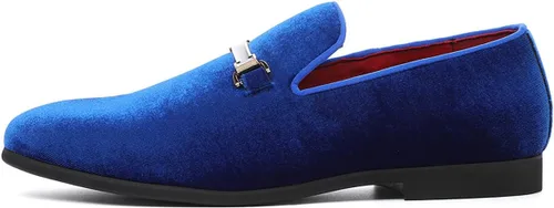 Vista 2 de Zapatos de vestir azules para hombre, mocasines de terciopelo para baile de graduación, zapatos de boda rojos, zapatos planos de conducción