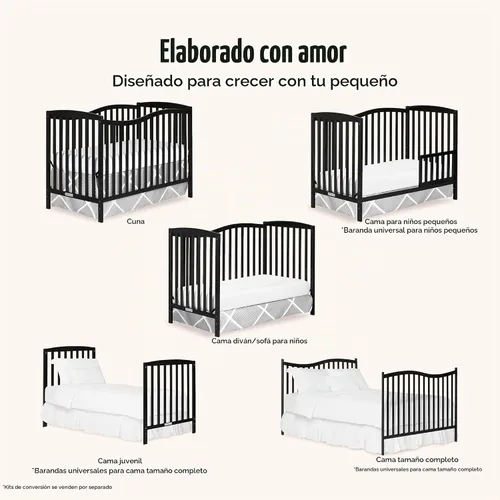 Vista 4 de Dream On Me Chelsea - Cuna convertible 5 en 1 de color negro, certificación JPMA 4-Position Mattress Support, Converts to Toddler, Day and Full