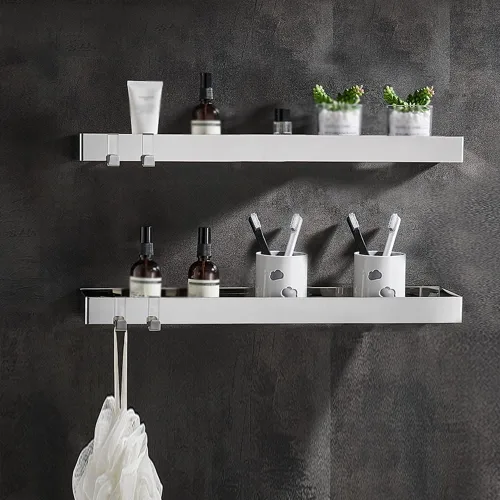 Vista 14 de Wallmounted Bathroom Shelf Floating Organizer with Hooks for Toiletries & Cosmetics 2Tier Black Rectangular Storage Rack for Shower & Kitchen