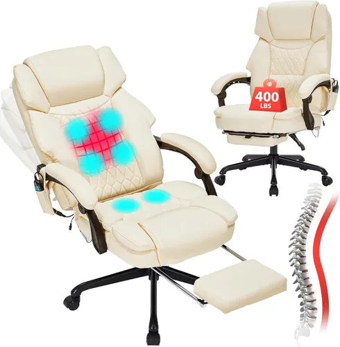 Vista 11 de Silla de oficina de masaje con reposapiés, 6 puntos de vibración y calor, sillas de escritorio de oficina en casa para personas pesadas, sillas