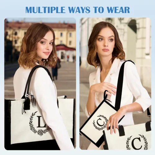 Vista 5 de Bolsa de lona con inicial, bolsa de maquillaje, bolsa de playa con cremallera, regalos personalizados para el día de la madre para mamá y abuela