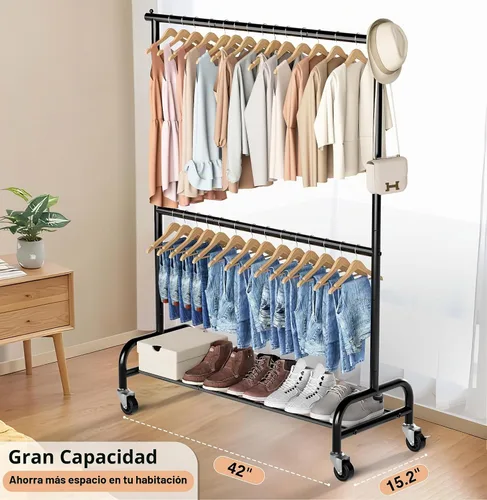 Vista 4 de MISSLO Perchero resistente para ropa con doble varilla para colgar, estante de ropa enrollable, armario de closet con ruedas, metal, ajustable, negro