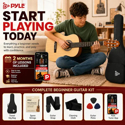 Vista 2 de Kit de guitarra acústica para principiantes Pyle, tamaño junior 3/4, instrumento completamente de madera con kit completo de accesorios, púas