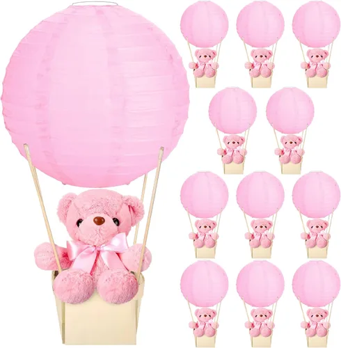 Vista 8 de Baquler Juego de 12 centros de mesa con globos aerostáticos para baby shower, bricolaje, linternas de papel, de peluche, cestas de madera para Azul