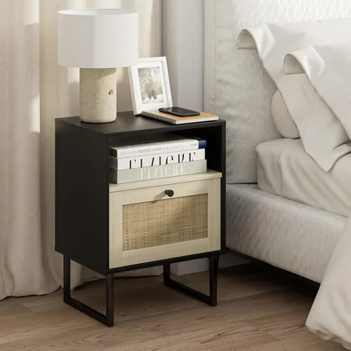 Vista 19 de Masupu Mesita de noche extra grande de ratán, mesita de noche boho moderna de estilo granja con cajón de almacenamiento y estante abierto, mesa