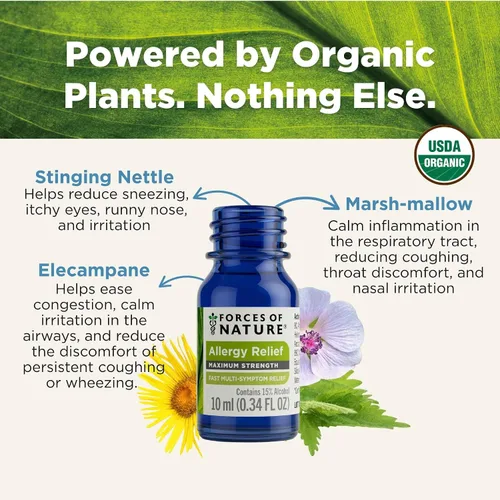 Vista 3 de Forces of Nature Alivio de alergias, medicina homeopática orgánica de máxima fuerza, 0.34 onzas líquidas, apoyo inmunológico y alivio de múltiples
