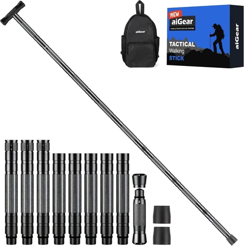 Vista 13 de aiGear G3 Tactical Walking Stick Self Defense, Upgraded Durable Hiking Stick with Multitool Adjustable 5-8 Tubes Modular Design for Hiking Camping
