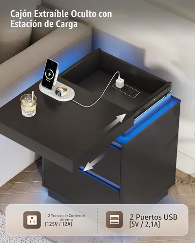 Vista 5 de WLIVE Mesita de noche negra con estación de carga y luces LED, mesita de noche con 2 cajones de madera y parte superior deslizante, mesa auxiliar