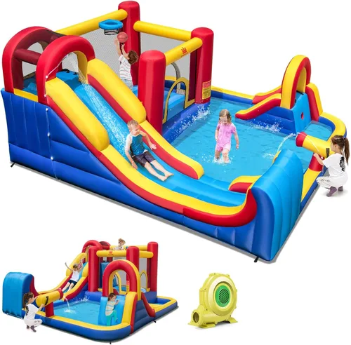 Vista 12 de BOUNTECH Tobogán acuático inflable, 7 en 1 doble tobogán para niños, parque acuático para niños, toboganes de agua inflables para exteriores