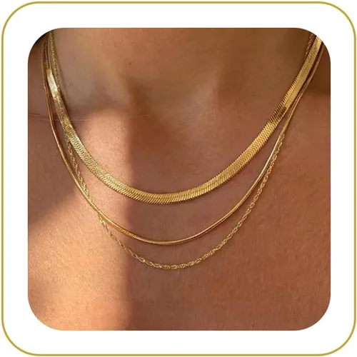 Vista 10 de Tewiky Layered Necklaces for Women Non Tarnish- Chunky 14k Gold Plated Herringbone/Snake/Rope/Box/Cuban Link Chain for Women Waterproof Layering