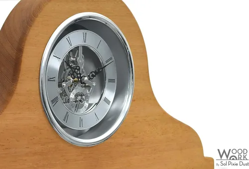 Vista 5 de Wooden Mantel Clock - Shelf Clock - Skeleton Clock Face - Solid Iroko Wood - Fireplace Clock - Moving Gears - Table Clock - Room Decor