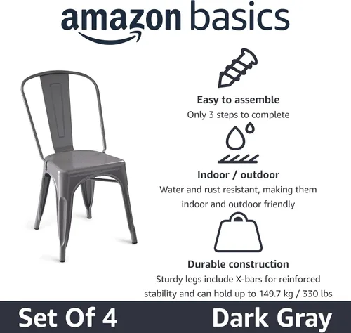 Vista 4 de Amazon Basics Sillas de comedor de metal, 4 unidades, gris oscuro, 20.1 x 17.1 x 33.5 pulgadas