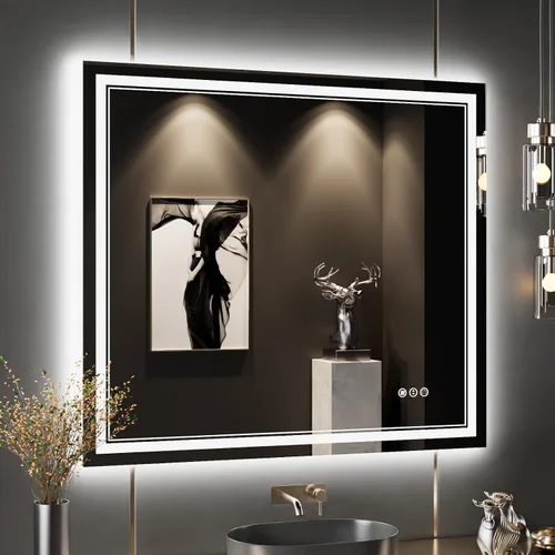 Vista 23 de Espejo de baño LED de 24 x 28 pulgadas, luz frontal y retroiluminada, antiniebla, regulable, espejo de tocador iluminado con memoria, espejo LED