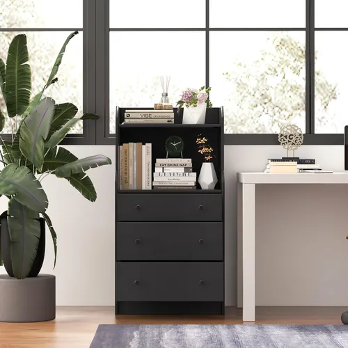 Vista 9 de GOFLAME Cómoda de 3 cajones con estante, organizador de almacenamiento moderno de 44 pulgadas de alto con diseño antiinclinación, cómoda
