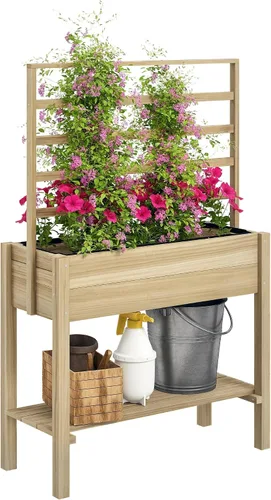 Vista 23 de Outsunny - Jardinera elevada de madera con estante de almacenamiento, orificios de drenaje y forro para el patio trasero, la terraza, el balcón, 47