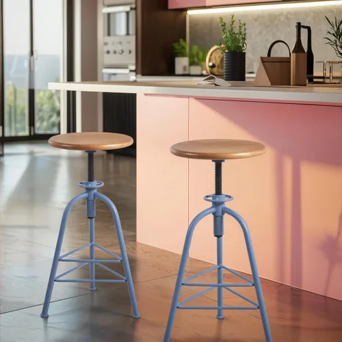 Vista 12 de Topower Taburete de bar de altura ajustable de metal de diseño industrial antiguo, silla de desayuno de comedor de cocina, taburete de madera