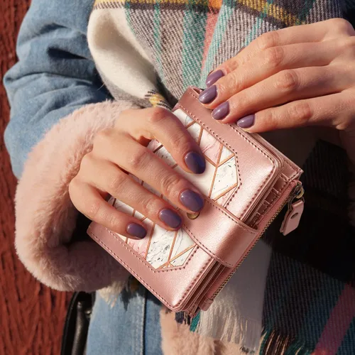 Vista 7 de Cartera pequeña para mujer, billetera plegable con bloqueo RFID, tarjetero con bolsillo con cremallera, Mármol rosa dorado, Vintage