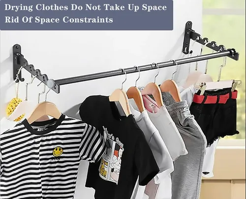 Vista 5 de Tendedero de secado de ropa montado en la pared para organización y almacenamiento de ropa de lavandería, estante de aluminio para secadora con dos