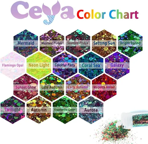 Vista 3 de Ceya - Juego de purpurina camaleón gruesa de 18 colores, 6.3 oz/180 g, polvo de purpurina artesanal con cambio de color, cada 15 ml, copos