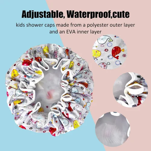 Vista 6 de Gorro de ducha para niños, paquete de 3 gorros de ducha grandes, reutilizables, de doble capa, impermeables, de plástico lavable, gorro de ducha