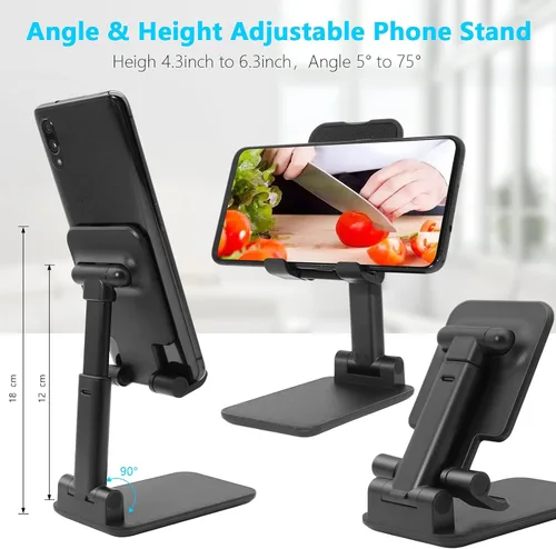 Vista 3 de Soporte para teléfono celular, soporte plegable para teléfono de escritorio, soporte de teléfono móvil ajustable en altura en ángulo para A-Negro