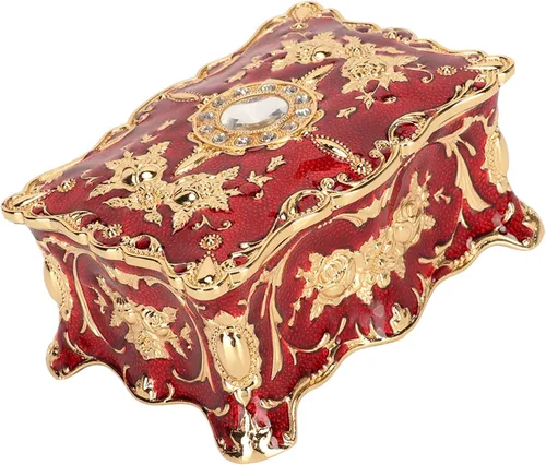 Vista 9 de Joyero grabado, caja de joyería roja con diamantes de imitación, caja de joyería retro, caja organizadora de almacenamiento de aretes grabados