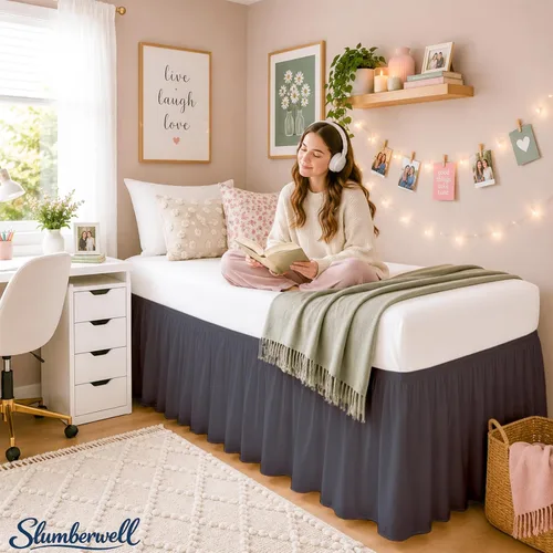 Vista 5 de SlumberWell Falda de cama con volantes, tamaño individual XL, caída de 36 pulgadas, gris oscuro Solución de almacenamiento oculto