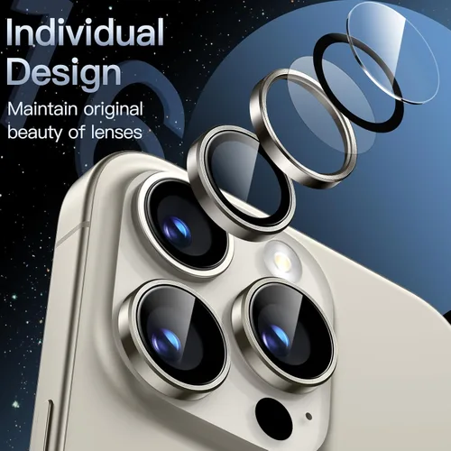 Vista 3 de JETech Protector de lente de cámara para iPhone 16 Pro/16 Pro Max, titanio natural Vidrio templado 9H, cubierta de anillo individual de metal
