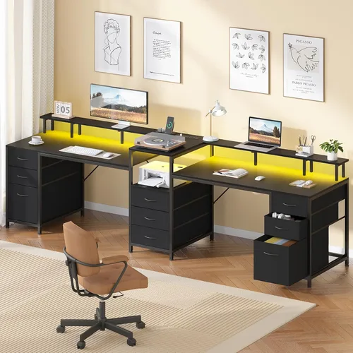 Vista 3 de YOMILUVE Escritorio para Computadora de 98.4" de Largo con 9 Cajones, Escritorio de Juegos para 2 Personas con Luces LED y Toma de Corriente