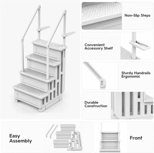 Vista 11 de XtremepowerUS Escalera de piscina sobre el suelo y sistema de 4 escalones con pasamanos, escalera de entrada resistente para acceso de terraza a