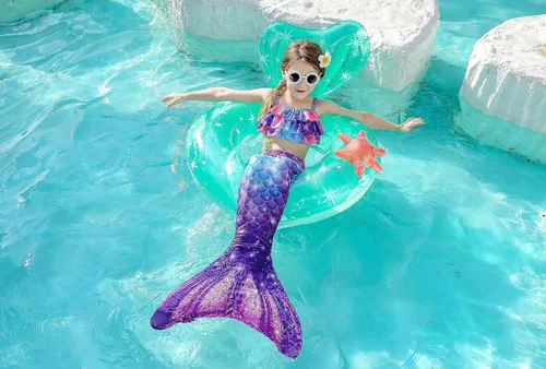 Vista 6 de DNFUN Colas de sirena para nadar para niñas, traje de baño de sirena con monoaleta