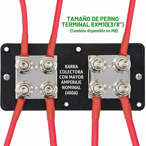 Vista 6 de Barra colectora 400A 12V-48V CC Bloque de distribución de energía de cobre resistente, 8XM10 (3/8 pulgadas), módulo independiente negativo positivo