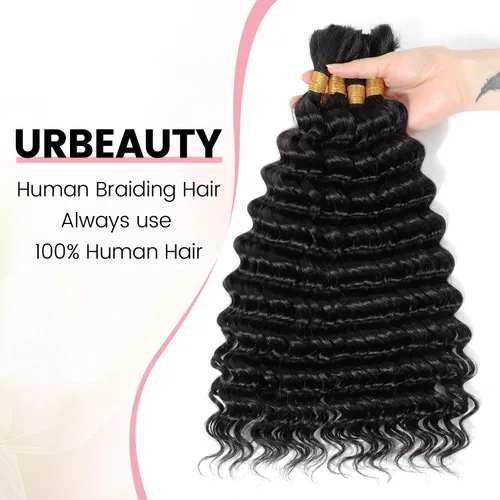 Vista 4 de Urbeauty Cabello Humano para Trenzar para Trenzas Boho Bob - Cabello Bohemio de Onda Profunda para Trenzar - Negro Azabache, 14 pulgadas Sin Nudos
