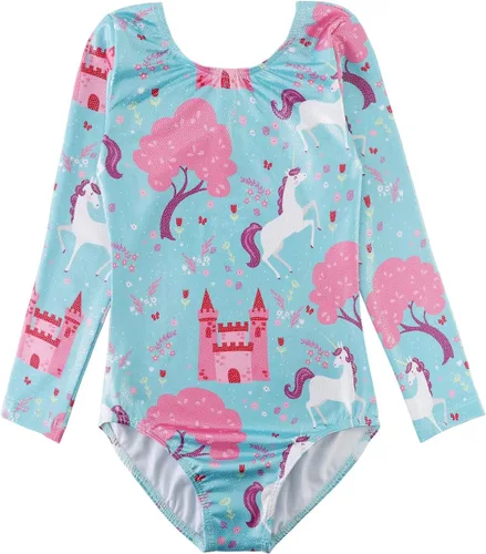 Vista 98 de HOZIY - Leotardos de manga larga para niñas, de gimnasia, para niños pequeños, trajes florales de unicornio, galaxia, arco iris, patrón de rayas