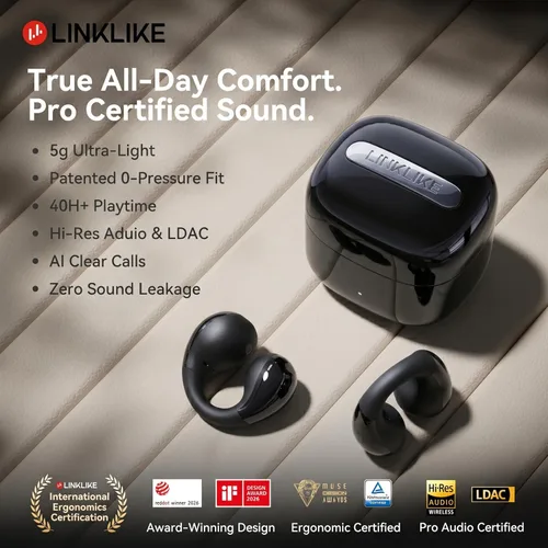 Vista 2 de Linklike Los auriculares abiertos con clip de oreja más cómodos [patentados cero presión y alta fidelidad superior] LDAC de alta resolución, batería