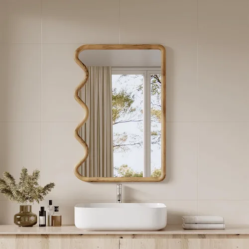 Vista 11 de ULIKE - Espejo de pared irregular de 24×36 pulgadas con marco de madera en negro – Diseño de forma orgánica abstracta para baño, dormitorio, sala