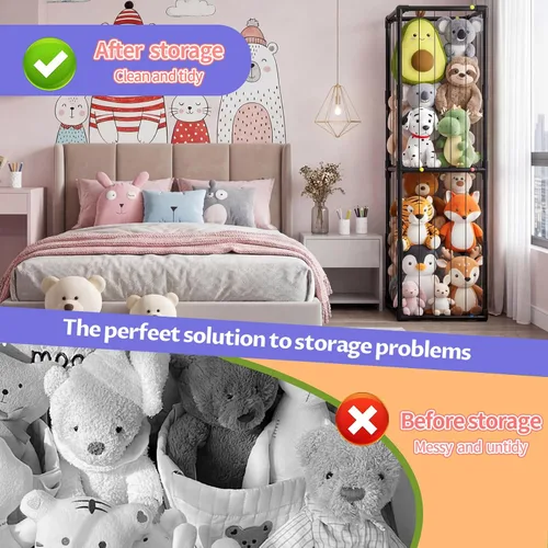 Vista 6 de Almacenamiento de animales de peluche, organizador de almacenamiento con banda elástica, tubo de PVC grueso, soporte grande para animales de peluche
