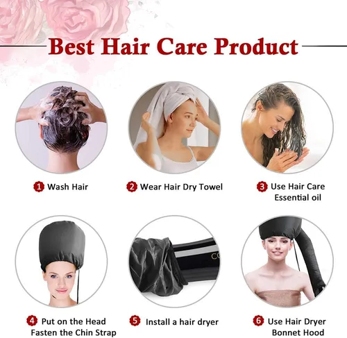 Vista 6 de Accesorio para secador de pelo con capucha: gorro de secador de pelo mejorado con correa de barbilla y manguera extendida más larga, más fácil