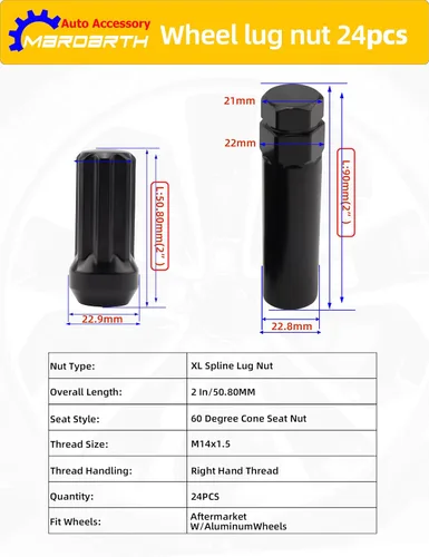 Vista 3 de 24+1 Negro 7 Tuercas Spline Lug M14x1.5 Asiento cónico de extremo cerrado