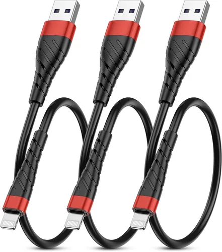 Vista 29 de Cable de carga corto con certificación MFi para iPhone, paquete de 3 unidades de 1 pie, 12 pulgadas para cable de carga Lightning, cable de datos
