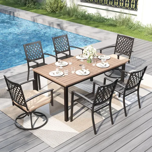 Vista 11 de PHI VILLA Juego de comedor al aire libre de 7 piezas para 6, mesa rectangular de metal negro de 60 pulgadas con agujero para sombrilla y sillas