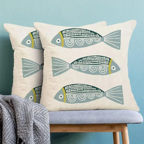 Vista 4 de AEIOAE Fundas de Almohada Costeras de 16 x 16 Pulgadas Juego de 2, Fundas Decorativas de Lino con Estampado de Peces Azules de Playa Oceánica