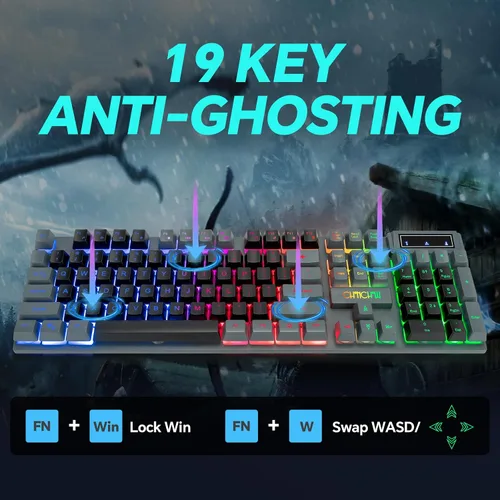 Vista 4 de CHONCHOW Combo de teclado y mouse para juegos con retroiluminación LED de 104 teclas de tamaño completo, luz de teclado con cable USB, sensación