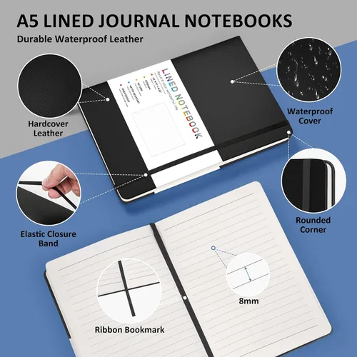 Vista 2 de Cuaderno diario rayado para mujeres y hombres, 200 páginas A5 diarios de tapa dura de cuero para escribir, viajes, escuela, oficina, trabajo, Negro